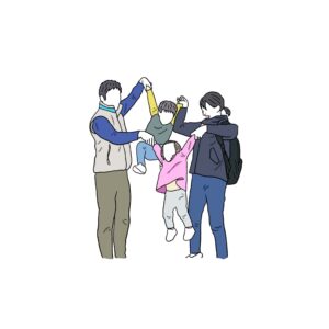 親子4人。こども2人両親と両手をつないでジャンプしている