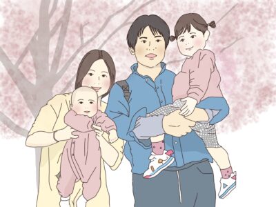 桜と家族の似顔絵
