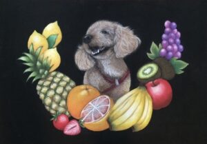 ワンちゃんとたくさんの果物