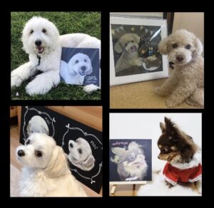 ペットと作品を並べて。4まいを合わせた画像