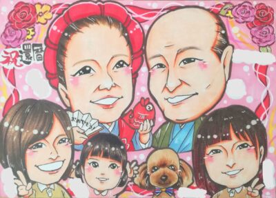 家族5人とワンちゃん1匹が描かれた還暦祝いの似顔絵