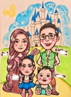 ディズニー風に描かれた家族4人の似顔絵
