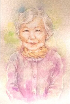 淡い水彩画で描かれたおばあさんの似顔絵