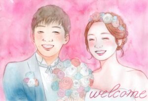 新郎新婦の笑顔の似顔絵