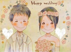 幸せで輝いているハッピーウエディングの似顔絵