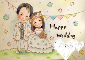 可愛いハッピーウエディングの似顔絵