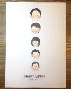 ご家族の顔が縦に並んでいる似顔絵・手描き