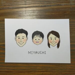 ごかぞく3人のお顔が並んだ似顔絵・手描き