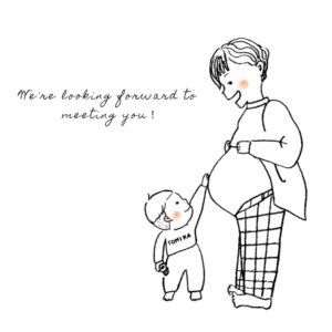 妊娠中のお母さんのお腹に手を当てている、お母さんと子どもの似顔絵
