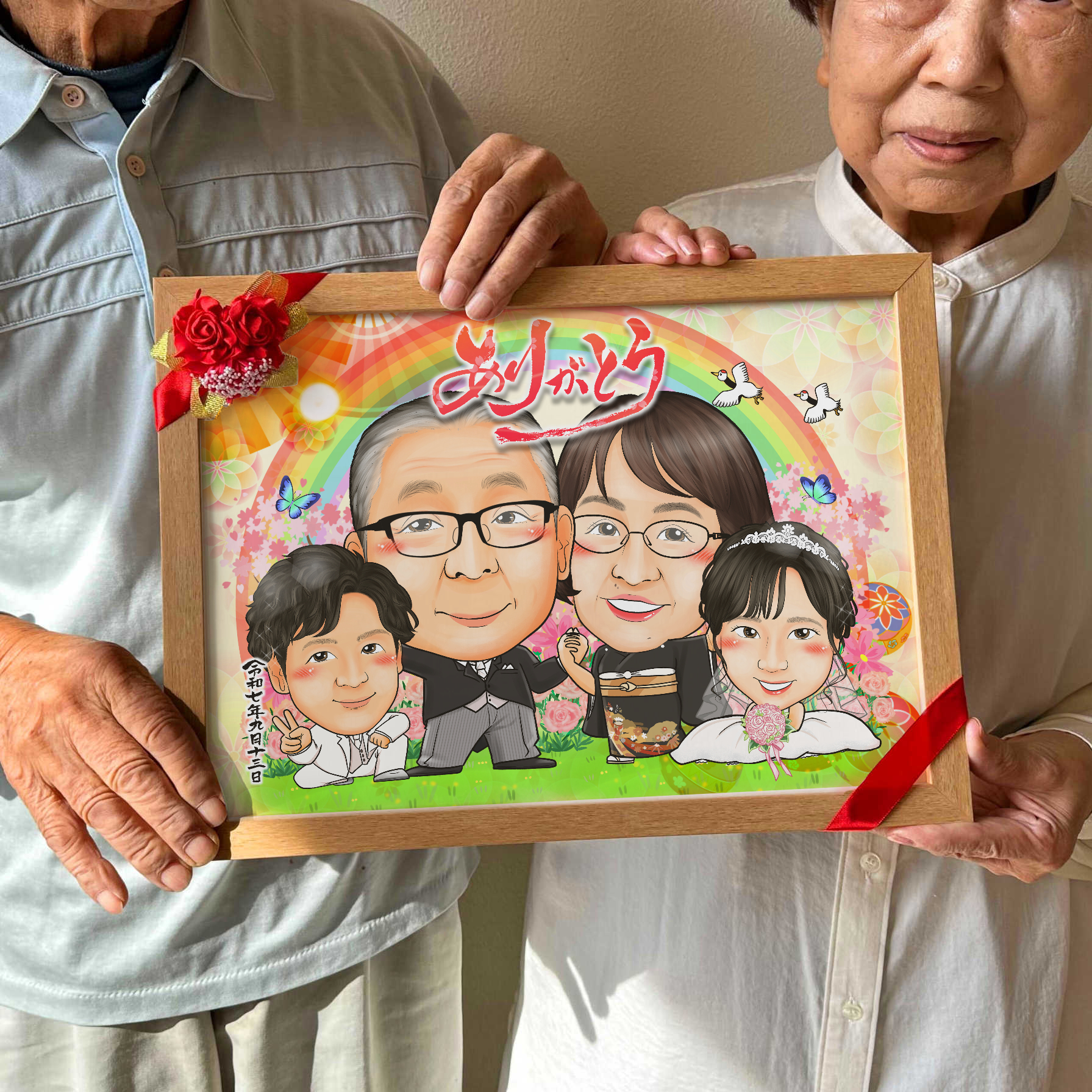 新郎新婦も一緒に描く結婚式の両親贈呈品似顔絵