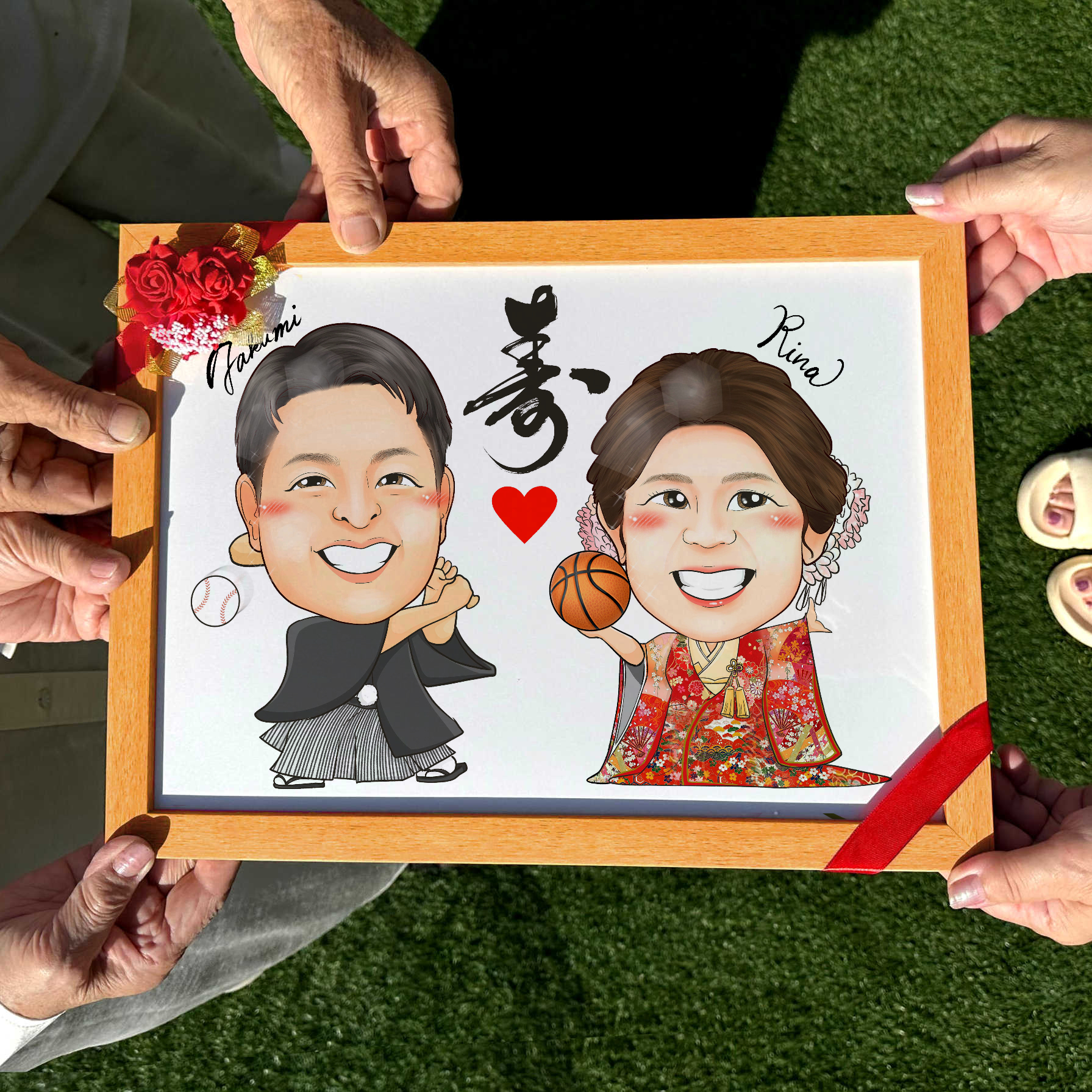 白背景にハートモチーフを入れたシンプルかわいい似顔絵ウェルカムボード