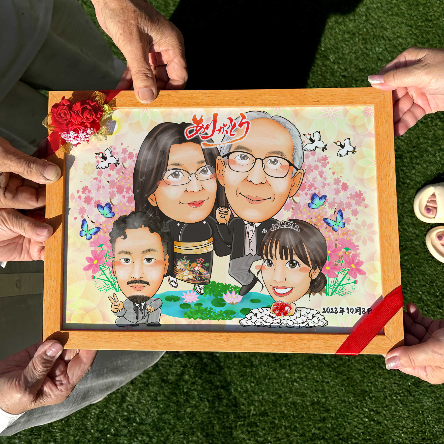 名前詩付きで感謝を伝える両親贈呈品の似顔絵 4名