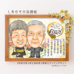 「祝金婚式」の筆文字、似顔絵、名前詩