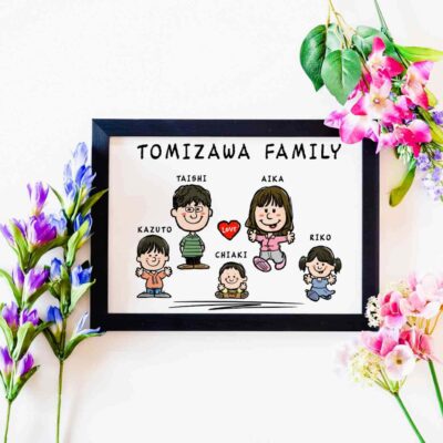 「TOMIZAWA FAMILY」の文字、ご夫婦と3人のお子さんのキャラ風似顔絵、名前入り