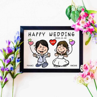 「happy wedding」の文字、結婚式衣装の新郎新婦似顔絵、日付、名前