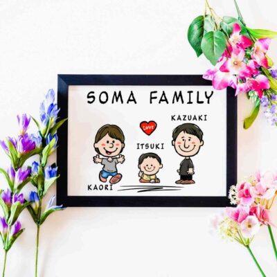 「SOMA FAMILY」の文字、夫婦と子どものキャラ風似顔絵、名前