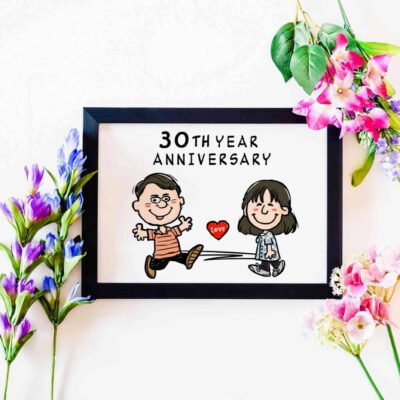 「30TH YEAR ANNIVERSARY」の文字、夫婦のキャラ風似顔絵