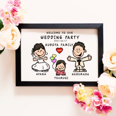 「welcome to our wedding party」の文字、新郎新婦とお子様の似顔絵、日付け、お名前
