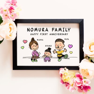 「NOMURA FAMILY HAPPY FIRST ANNIVERSARY」の文字、3人家族のキャラ風似顔絵