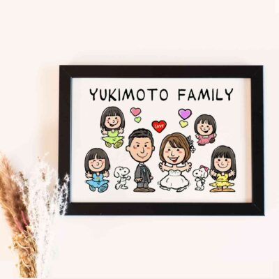「yukimoto family」の文字、総勢6名のファミリー似顔絵、キャラクターの絵も