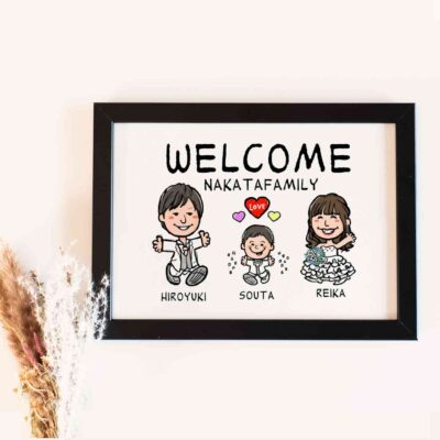 「welcome nakata family」の文字、新郎新婦とお子様のキャラ風似顔絵