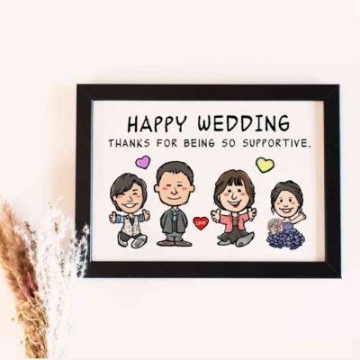 「HAPPY WEDDING」「THANK YOU FOR BEING SO SUPPORTIVE」の文字、両親と新郎新婦のキャラ風似顔絵
