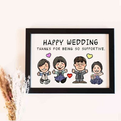 「HAPPY WEDDING」「THANKS FOR BEING SO SUPPORTIVE」の文字、新郎新婦とご両親の似顔絵