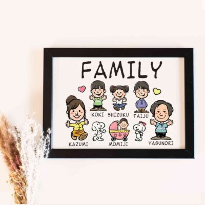 「FAMILY」の文字、6人家族のキャラ風似顔絵と人気キャラ風モチーフも一緒に！