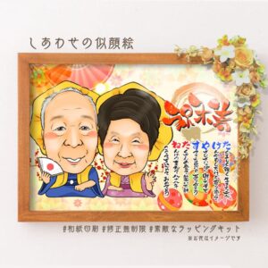 「祝米寿」の文字、黄色い祝着を着たご夫婦似顔絵、名前詩
