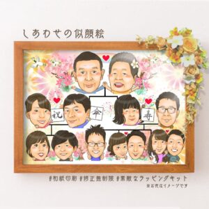 横向き似顔絵家系図、「祝傘寿」の文字