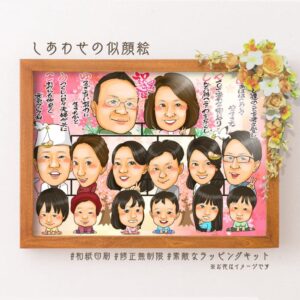 「祝還暦」の文字、名前詩、横向き似顔絵家系図