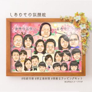 「傘寿のお祝いおめでとう」の文字、20名の似顔絵家系図(横向き)