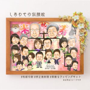 「祝米寿」「2019.10.27小野家家系図　清家孫一同寄贈」の文字、似顔絵家系図(横向き)