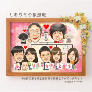 「祝還暦」「ありがとう」の文字、横向き似顔絵家系図