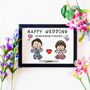 「happy wedding」の文字、名前、新郎新婦のキャラ風似顔絵