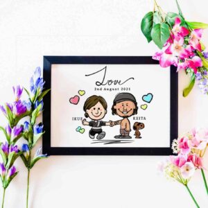 「LOVE 2nd August 2021」の文字カップルのキャラ風似顔絵