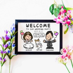 「welcome to our wedding party」の文字、ウエディング衣装姿の新郎新婦、猫