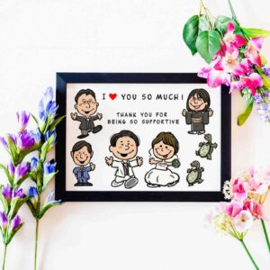「I LOVE YOU SO MUCH」「THANK YOU FOR BEING SO SUPPORTIVE」の文字、新郎新婦とご両親、ご兄弟、カメ2匹一緒のキャラ風似顔絵