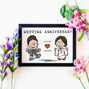 「wedding anniversary」の文字、和装の新郎新婦似顔絵、名前