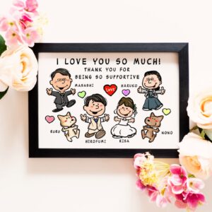 「I LOVE YOU SO MUCH」「THANK YOU BEING SO SUPPORTIVE」の文字、新郎新婦とご両親と愛犬のキャラ風似顔絵