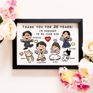 「THANK YOU FOR 25　YEARS」「I’M HONORED TO BE YOUR SON」の文字、新郎新婦とご両親とペットのキャラ風似顔絵