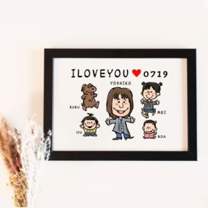 「I LOVE YOU 0719」の文字、主役と子供たち、ペットの似顔絵、名前