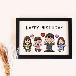 「HAPPY BIRTHDAY」の文字、4人のキャラ風似顔絵