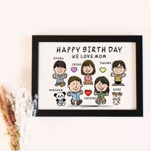 「HAPPY BIRTHDAY WE LOVE MOM」の文字、ご夫婦と子供たち、ペットのキャラ風似顔絵