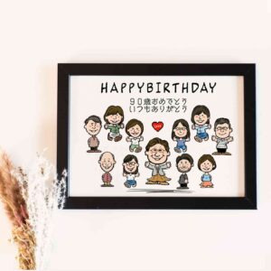 「HAPPY BIRTHDAY」「90歳おめでとう　いつもありがとう」の文字、総勢11名のキャラ風似顔絵