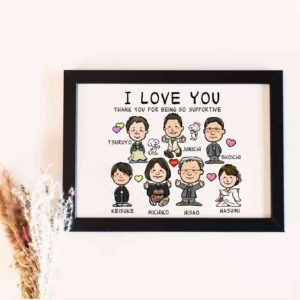 「I LOVE YOU」「THANK YOU FOR BEING SO SUPPORTIVE」の文字、新郎新婦とご両親、きょうだい、祖父母とキャラが一緒の似顔絵