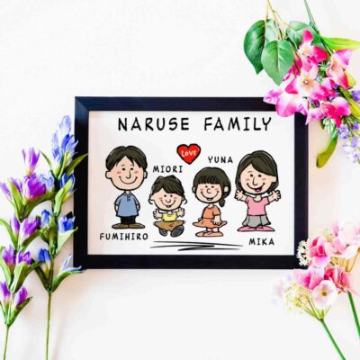 「NARUSE FAMILY」の文字、夫婦と2人のお子様のキャラ風似顔絵