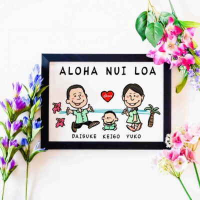 「ALOHA NUI LOA」の文字、親子のハワイアンっぽいキャラ風似顔絵