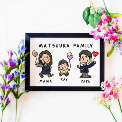 「MATSUURA FAMILY」の文字、夫婦とお子様のキャラ風似顔絵