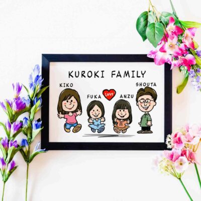 「KUROKI FAMILY」の文字、夫婦と姉妹のキャラ風似顔絵